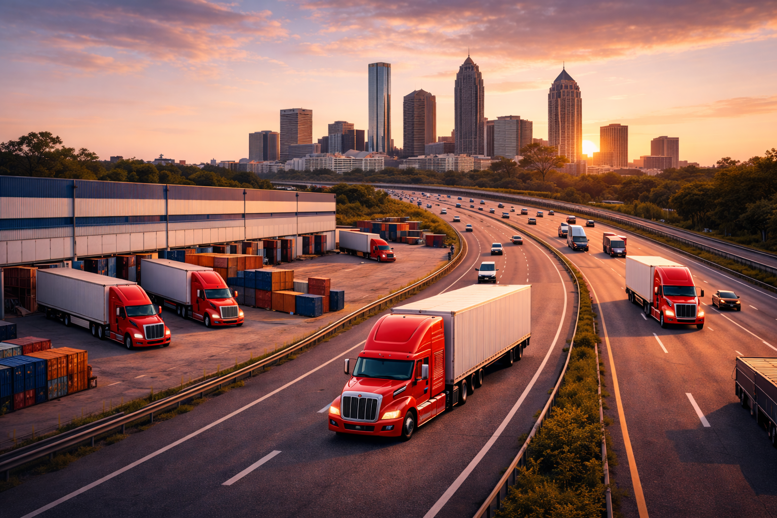 Atlanta skyline with freight trucks traveling along a major highway connecting regional transportation and logistics networks