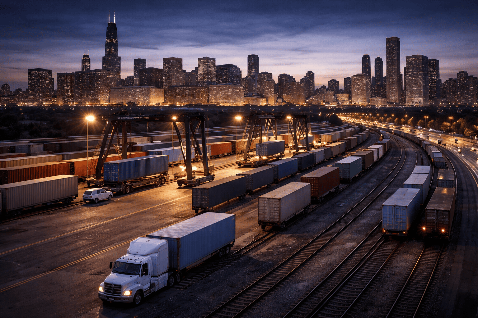Atlanta skyline with freight trucks traveling along a major highway connecting regional transportation and logistics networks