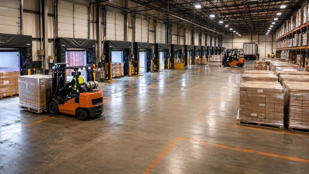 Modern cross-docking warehouse with forklifts moving palletized freight between inbound and outbound dock doors for 3PL distribution services.