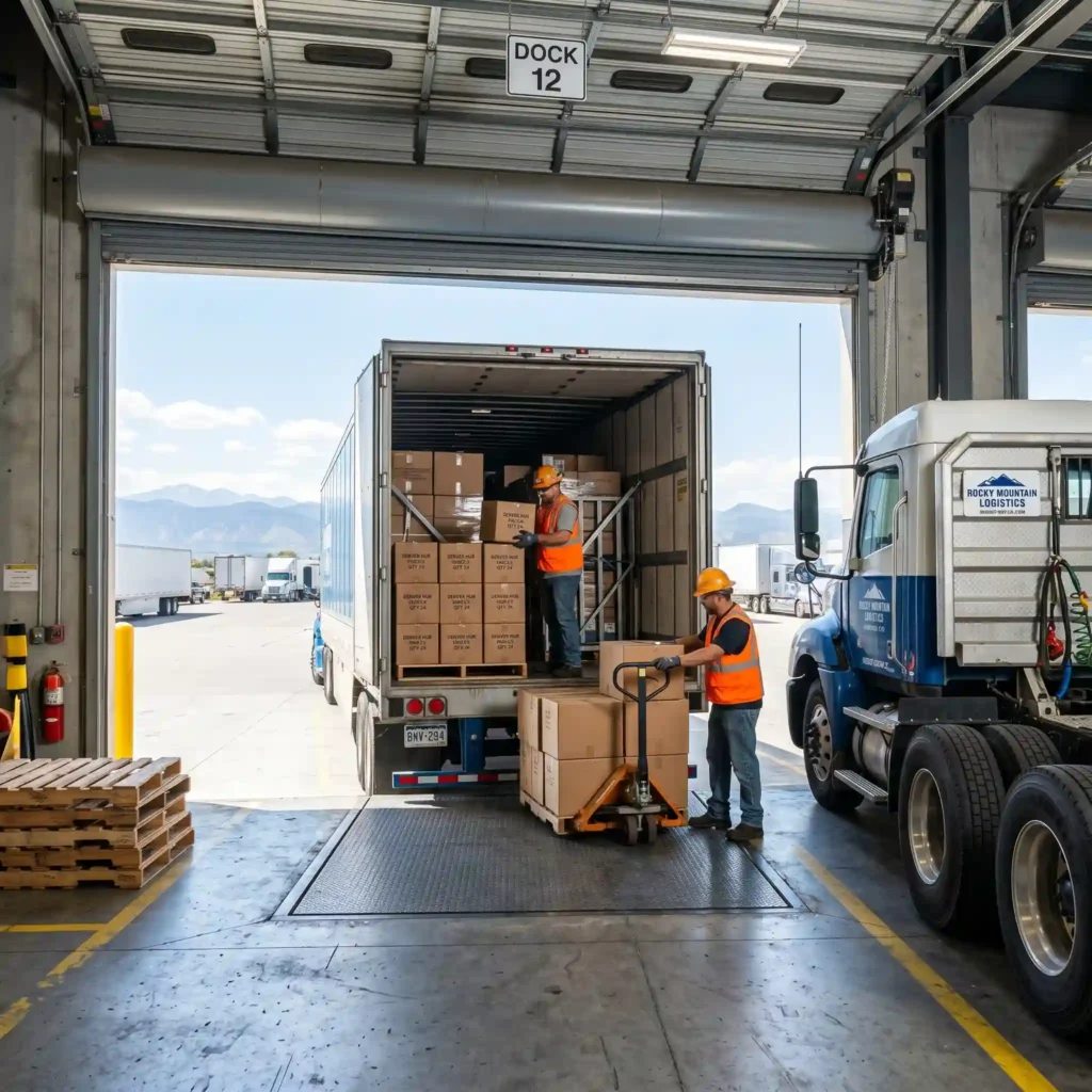 Semi-truck backed up to modern warehouse loading dock in Denver with workers loading cargo and freight boxes