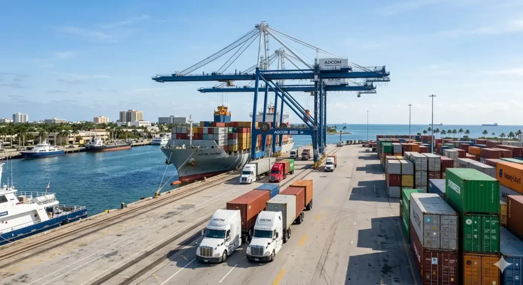 Warehouse distribution center handling palletized freight shipments with forklift and delivery trucks