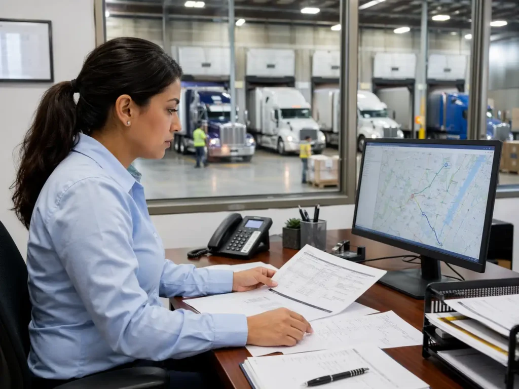 Freight forwarding coordination with cargo trucks and shipping containers at a logistics facility serving Chicago