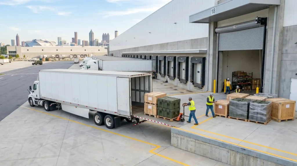 Freight trucks delivering tradeshow exhibit materials to an Atlanta convention venue