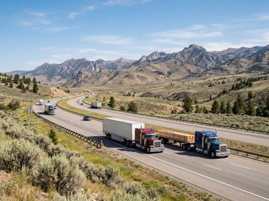 Freight trucks along a highway connecting Denver to regional distribution networks