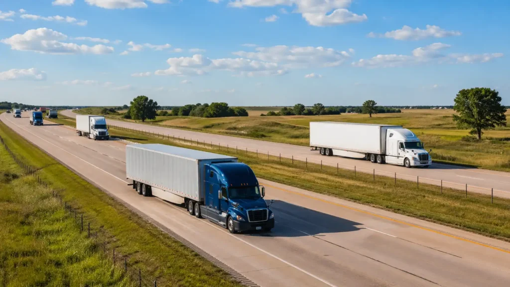 Freight trucks transporting cargo along a highway connecting Chicago to regional distribution networks