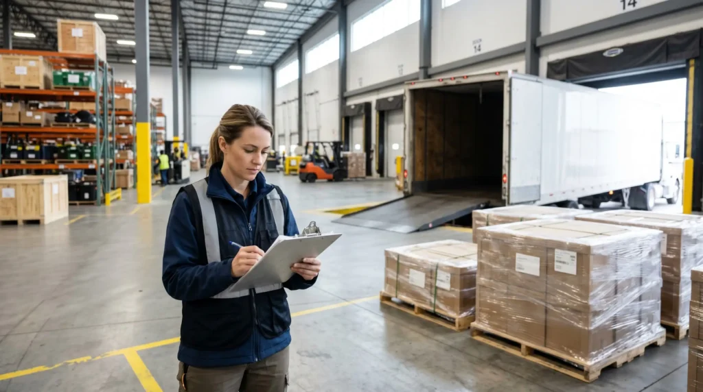 International shipping documentation review at a logistics warehouse supporting freight to and from Atlanta