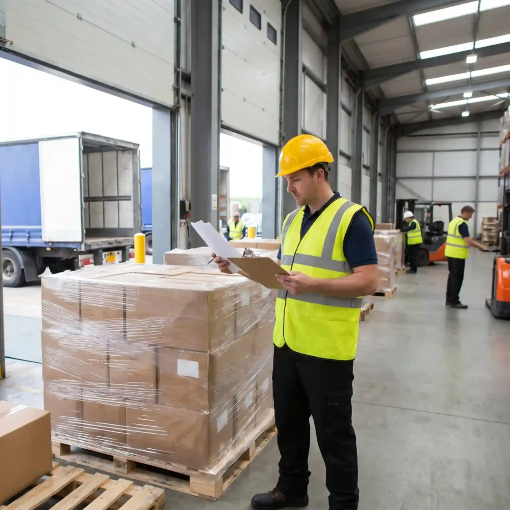 International shipping documentation review at a logistics warehouse supporting freight to and from Denver