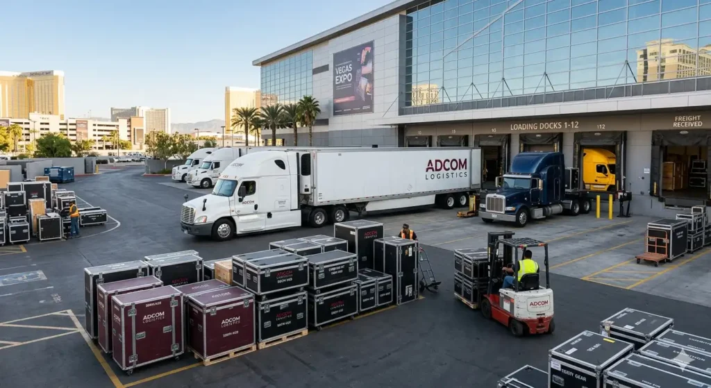 Warehouse distribution center handling palletized freight shipments with forklift and delivery trucks