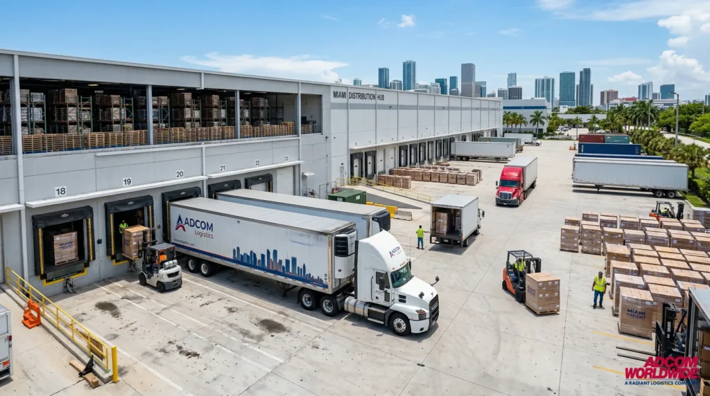 Warehouse distribution center handling palletized freight shipments with forklift and delivery trucks