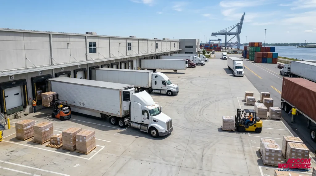 Warehouse distribution center handling palletized freight shipments with forklift and delivery trucks