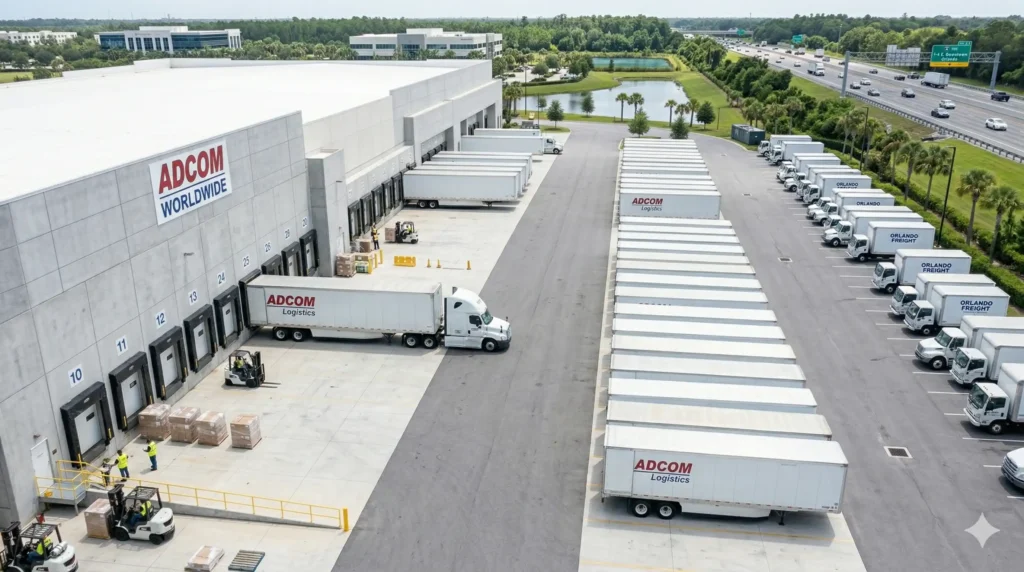 Warehouse distribution center handling palletized freight shipments with forklift and delivery trucks