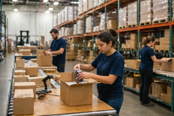 Warehouse workers packing customer orders at fulfillment stations with shelving, boxes, conveyors, and organized inventory in a 3PL facility.