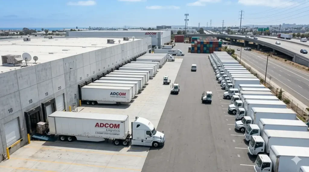 Warehouse distribution center handling palletized freight shipments with forklift and delivery trucks