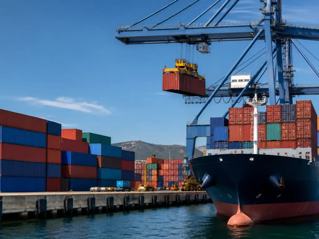 Shipping containers being loaded at a seaport connecting Chicago businesses to international ocean freight routes