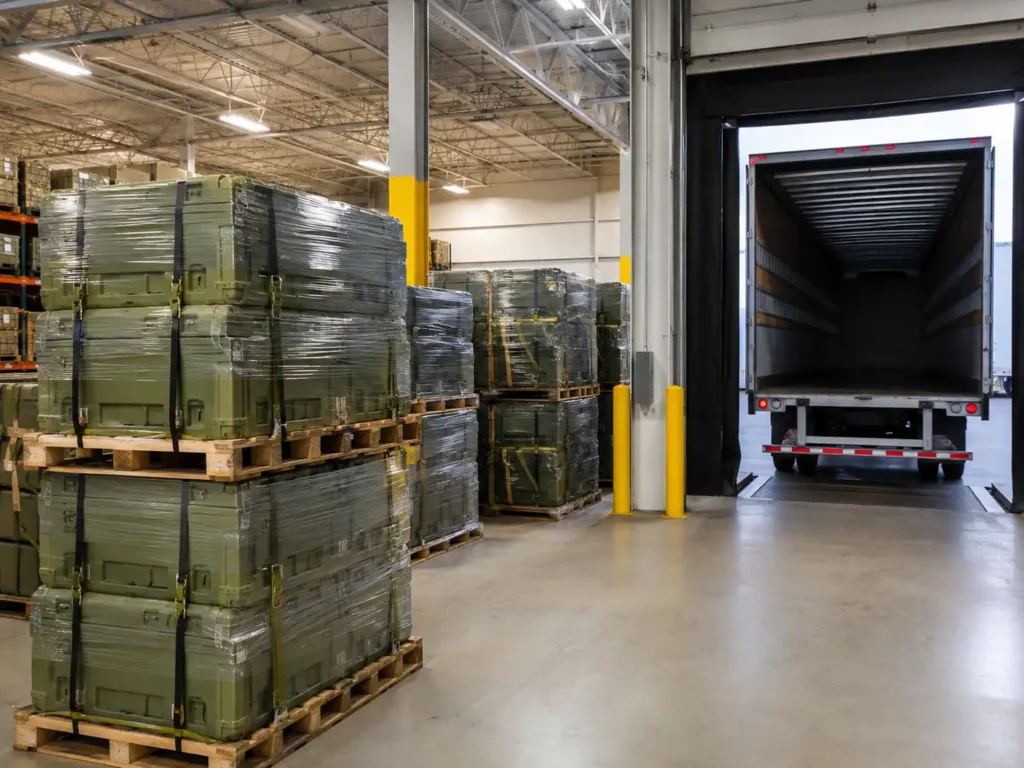 Military shipping coordination with secure cargo handling at a logistics facility serving Chicago