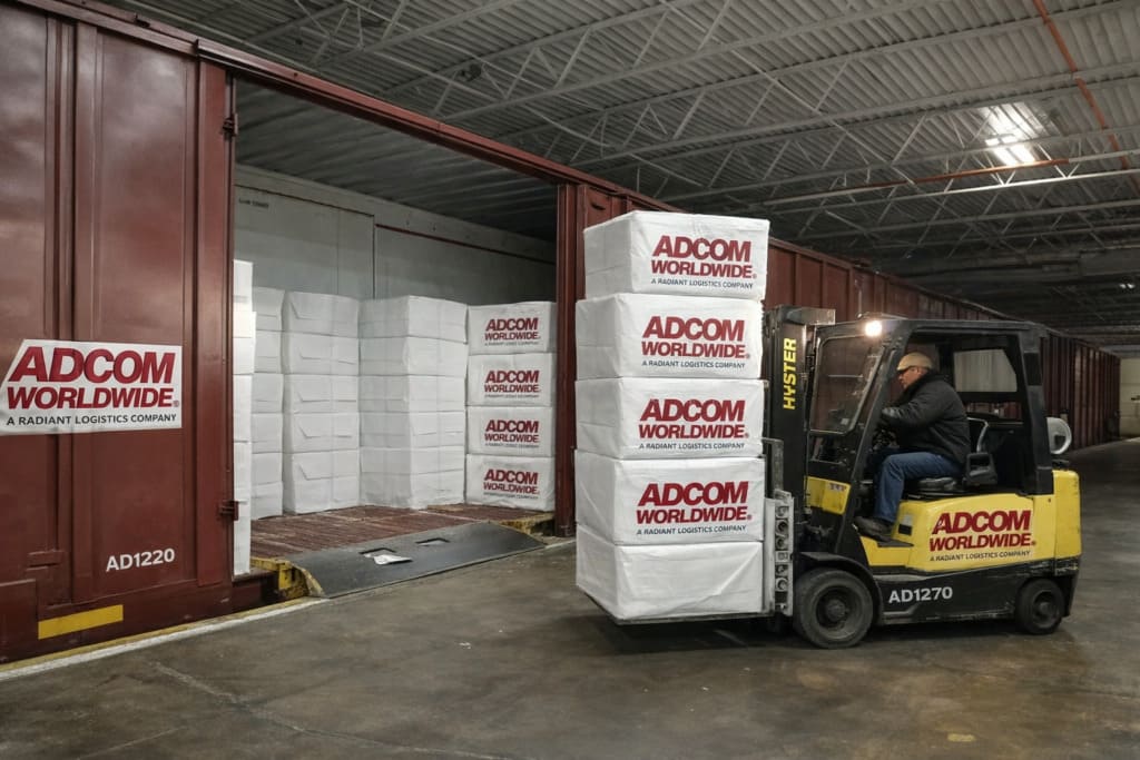 Warehouse distribution center handling palletized freight shipments with forklift and delivery trucks