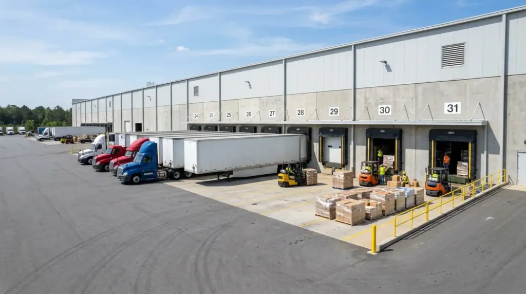 Warehouse facility with palletized freight and distribution trucks serving the Chicago region