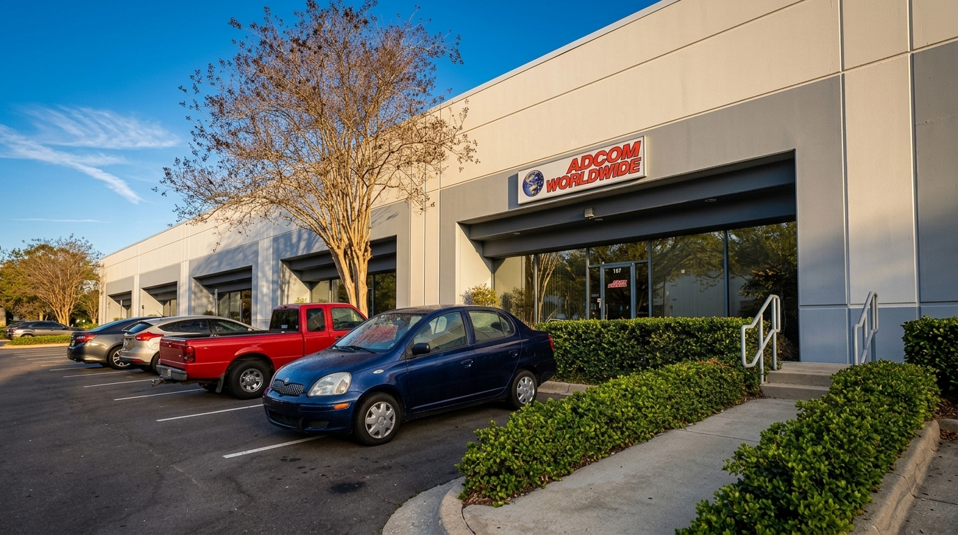 Adcom Worldwide Tampa facility exterior and parking lot