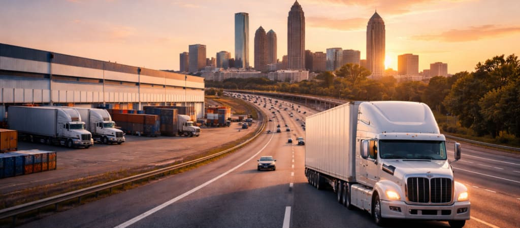 Freight trucks transporting cargo along a highway near a warehouse distribution center supporting logistics operations