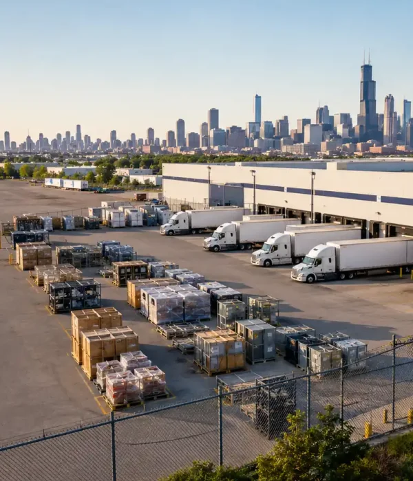 Military shipping services in Chicago, Illinois with freight trucks at a secure logistics facility and Chicago skyline