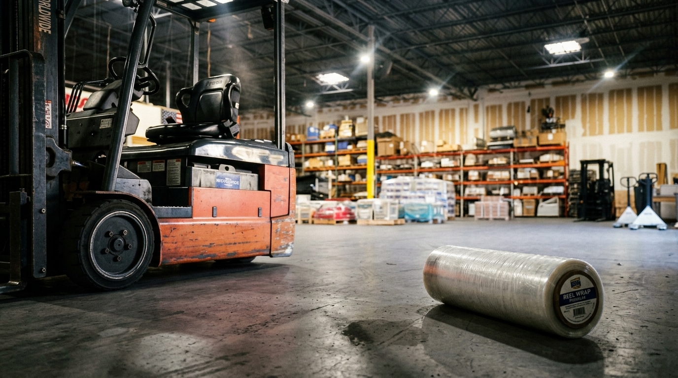 Forklift and pallet wrap on the Adcom Worldwide Tampa warehouse floor