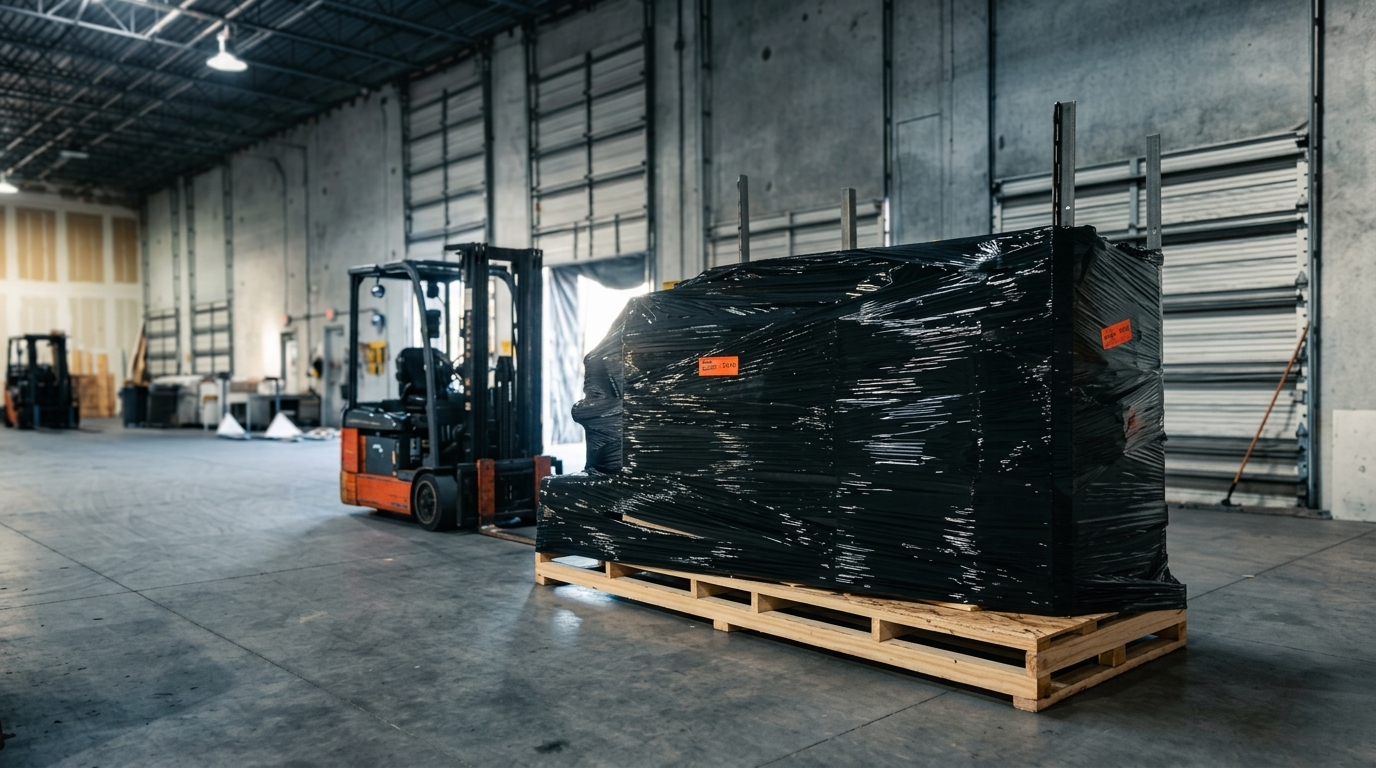 Shrink-wrapped pallet staged for freight pickup in Tampa