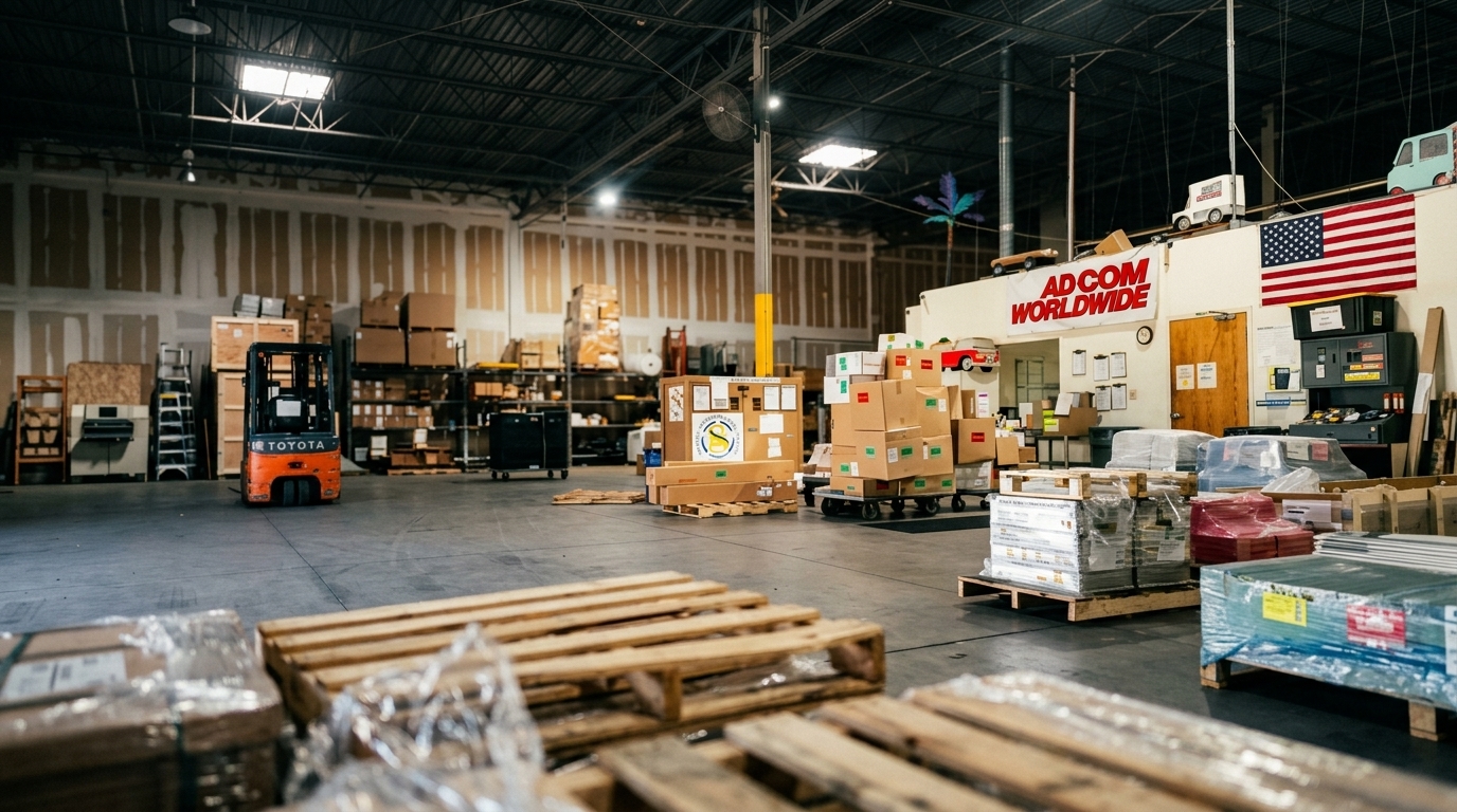 Adcom Worldwide Tampa warehouse floor with freight staged for shipment