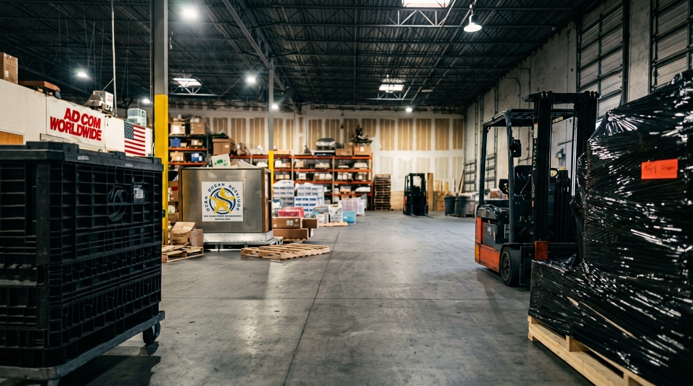 Forklift and freight aisle inside the Adcom Worldwide Tampa warehouse
