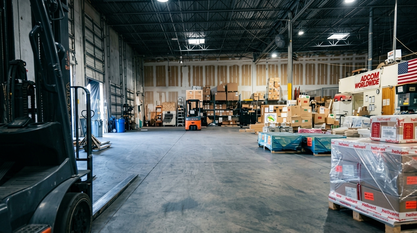 Freight storage and staging area at the Adcom Worldwide Tampa warehouse