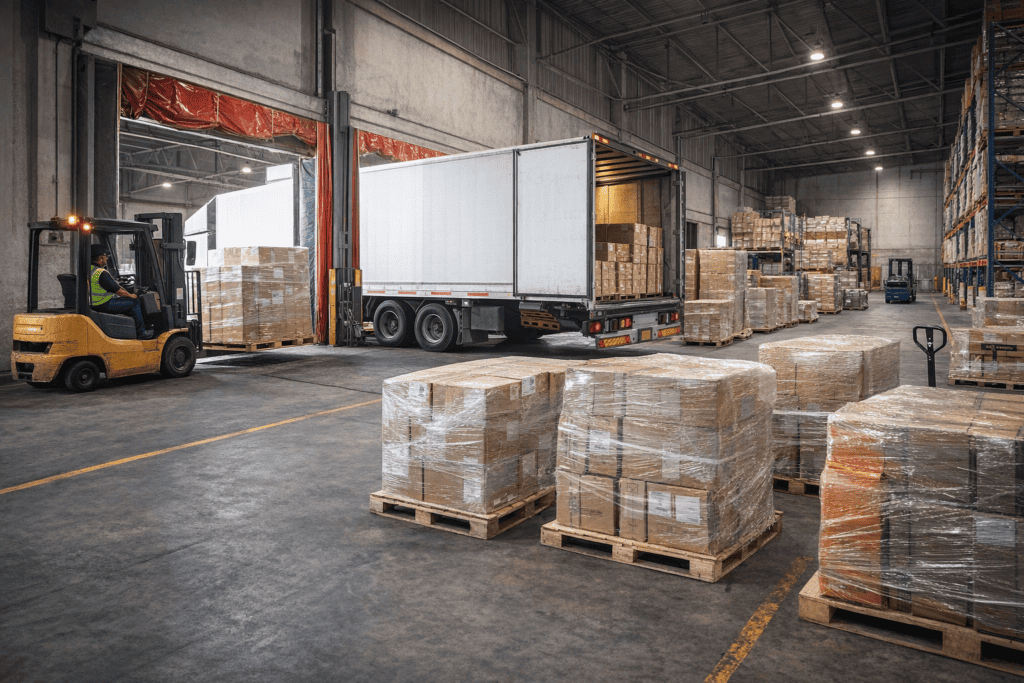 Warehouse distribution center handling palletized freight shipments with forklift and delivery trucks